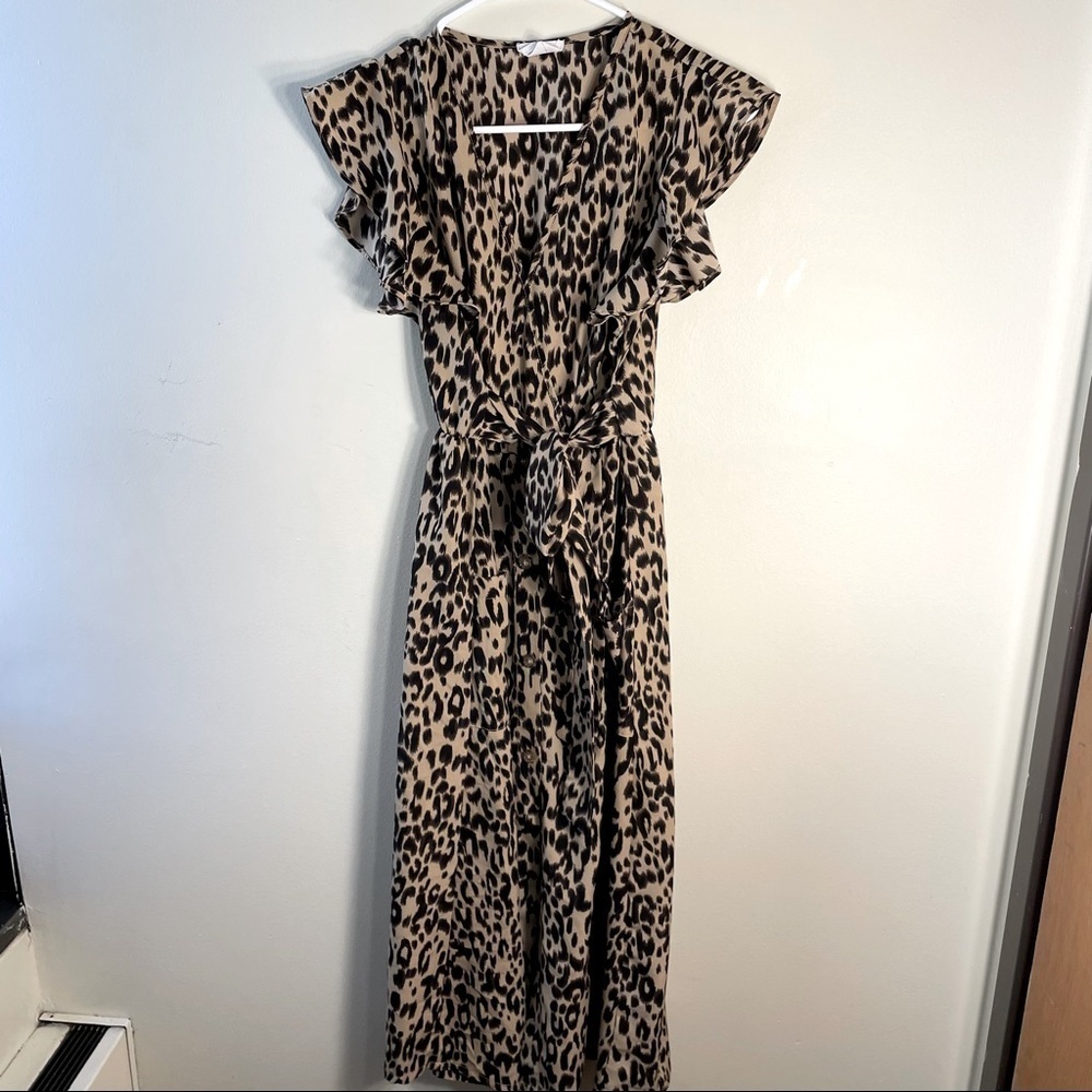 Sienna Sky leopard print maxi v-neck flutter sleeve pockets buttons tie dress